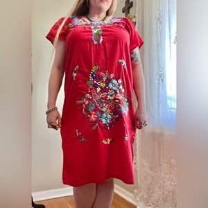 Vintage Red Colorful Hand Embroidered Floral Peacock Mexican Caftan Dress